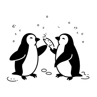 Two penguins are standing on a patch of ice, engaged in a playful squabble. One penguin, with a slightly raised wing, is playfully slapping the other with a fish. The fish is bent slightly, indicating the motion of the slap. The penguins have distinct markings, with one featuring a slight tilt of its head, displaying a cheeky expression, while the other has wide eyes and an open beak, as if in surprise. Snowflakes drift gently around them, adding to the playful atmosphere of the scene.