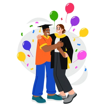 A graduate wearing a black cap and gown is hugging a parent. The graduate has a bright smile on their face, and the parent looks proud and joyful. Surrounding them are colorful balloons in various shapes and sizes, including round and star-shaped ones, floating gently above. Confetti in vibrant colors is falling around them, adding to the celebratory atmosphere. The background features a hint of a festive setting, with hints of a decorated area that enhances the joyful moment.