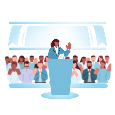 An intern is standing confidently at a podium in a large conference hall. Behind the podium, there are banners showcasing the event's theme. The intern is wearing a professional outfit, holding notes in one hand while gesturing with the other. In the audience, diverse individuals are seated, applauding enthusiastically. The audience is blurred slightly in the background, emphasizing the intern's presence at the forefront. The atmosphere is filled with a sense of engagement and excitement.