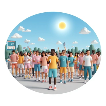 A clear blue sky with the sun shining brightly overhead. A variety of spectators in colorful clothing are arriving at a volleyball match. Some hold drinks and snacks while others wave banners or wear team jerseys. The crowd displays a mix of expressions, including smiles and eager looks, as they navigate towards the volleyball court. A nearby scoreboard shows the teams' names, and a vibrant atmosphere is created by the sounds of laughter and conversation. The scene is lively, filled with energy and excitement for the upcoming match.