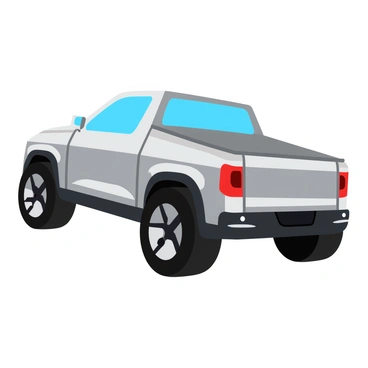 A futuristic electric pickup truck with a sleek, aerodynamic design and bold, angular lines. The truck's body is a metallic silver, reflecting light with a glossy finish. It features advanced LED headlights and tail lights, showcasing a modern look. The wheels are large and rugged, designed for off-road capability, with a distinctive tread pattern. The truck has a spacious cabin with a panoramic glass roof, allowing for plenty of natural light. The rear bed is equipped with integrated storage compartments and a folding ramp for easy access. The overall design emphasizes functionality and innovation, making it a standout vehicle.