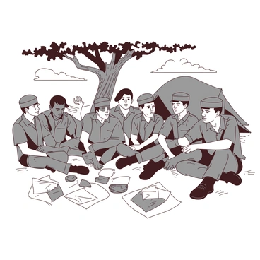A group of soldiers sits together on the ground at a temporary camp, surrounded by tents and military equipment. Each soldier has a different expression, some looking hopeful while others appear anxious. In front of them, there are open envelopes and crumpled letters, indicating their anticipation for news from home. The soldiers are wearing standard military uniforms, and some have caps tilted on their heads. In the background, a large tree provides some shade, and the sky is clear, suggesting a sunny day.