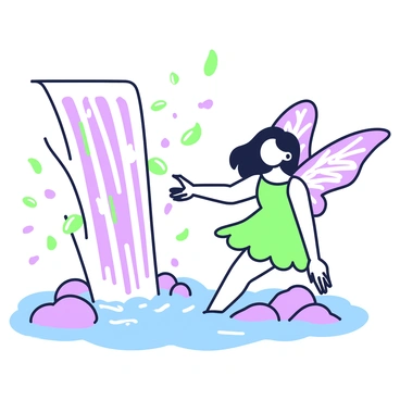 A fairy is playfully splashing in a gentle waterfall. Her wings resemble the flowing movement of water, with intricate patterns that mimic ripples. She has long, flowing hair that catches the light, and is dressed in a dress made of leaves and petals. The waterfall cascades down rocks, creating a mist that surrounds her. Small droplets of water catch the light as they scatter around, emphasizing the playful scene. The fairy's smile is bright as she reaches out towards the falling water, creating a sense of joy and movement.