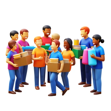 A group of volunteers smiling as they distribute food and clothes to individuals in need at a local shelter. The volunteers are wearing matching colorful t-shirts and are actively handing out warm meals and neatly folded clothing. People receiving assistance are expressing gratitude, with some holding bags filled with items. The scene is bright and filled with a sense of community and support.