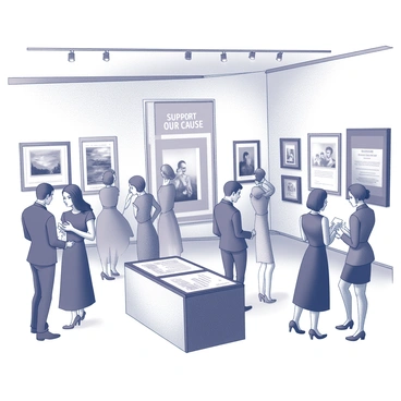 A well-lit art gallery filled with various paintings displayed on the walls. Guests are engaged in conversations, some are examining the artwork closely, while others are gathered around a designated bidding area. A large banner hangs in the background, reading “Support Our Cause” in bold letters. Several elegantly dressed attendees hold paddles for bidding, while a display table showcases information about the charitable cause and featured artists. The atmosphere is lively as guests express their excitement and anticipation over the art pieces.