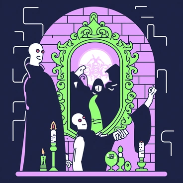 A tall, shadowy figure stands before an ornate mirror in a dimly lit chamber. This figure has a pale, elongated face and snake-like features, with red eyes that gleam in the low light. The Mirror of Erised, intricately designed with floral decorations, reflects the figure's deepest desires. In the mirror, the reflection shows the figure surrounded by powerful followers, all dressed in dark cloaks, and adorned with an air of dominance. Flickering candles are positioned around the mirror, casting soft shadows on the stone walls, creating an atmosphere of mystery and longing.