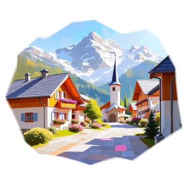 A quaint Swiss village featuring charming wooden chalets with sloping roofs and flower boxes bursting with colorful blooms. The houses are arranged along a winding cobblestone street, with a small church steeple rising prominently in the center. In the background, majestic snow-capped peaks tower over the village, their rugged terrain contrasting with the soft lines of the buildings below. Pine trees dot the landscape, and a clear blue sky complements the serene mountain scene.