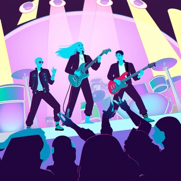 A dynamic concert scene with a band performing energetically on stage. The band consists of four members; a vocalist with bright blue hair, a guitarist wearing a leather jacket, a bassist with colorful tattoos, and a drummer with an intense focus. They are surrounded by vibrant lights in shades of pink, purple, and yellow, illuminating the stage and creating an exciting atmosphere. The crowd is diverse, with people of different ages and ethnicities, raising their hands and dancing in response to the music. Some are holding up glow sticks, adding to the energetic ambiance of the event.