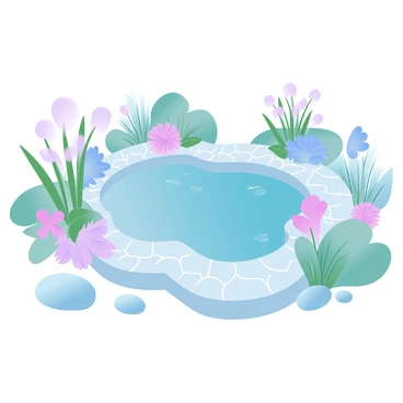 A whimsical garden scene with pathways, flowers, and a small pond.