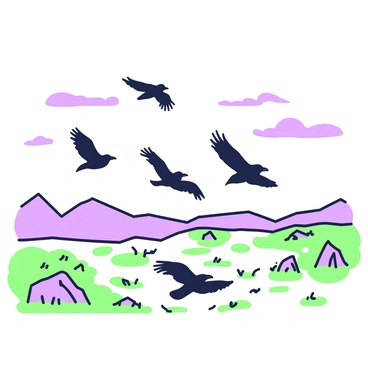 A flock of ravens is taking flight over a desolate moor. The ravens are soaring with their wings spread wide, their feathers visible in detail. Below them, the moor is characterized by sparse vegetation and uneven terrain. Occasional tufts of green grass and scattered rocks dot the landscape. The sky above is vast, with a few wispy clouds. In the distance, a silhouette of distant hills can be seen, adding depth to the scene.