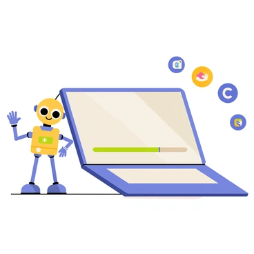 A laptop with a rectangular screen displays a green progress bar indicating software updates in progress. The laptop is open and positioned on a wooden table. Next to the laptop stands a cheerful character, a cartoon-style robot with a round head and large expressive eyes, waving happily. The robot has metallic blue arms and legs, and its body is a soft yellow color. Behind the laptop, there are a few colorful icons representing various software applications.