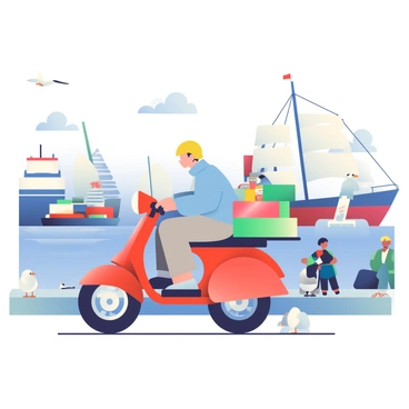 A moped in bright red is parked near a bustling harbor, loaded with various goods in colorful boxes. The rider is wearing a yellow helmet and a light blue jacket. In the background, several large ships with white sails are anchored, while smaller boats navigate through the water. Seagulls are flying overhead, some perched on the edge of the dock, searching for food. The harbor is lively, with people walking along the promenade and enjoying the scene.