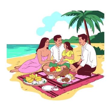 A group of four individuals is sitting on a colorful picnic blanket spread on golden sand near the turquoise ocean. They are dressed in light Filipiniana clothing, with the women in elegant baro't saya and the men in traditional barong Tagalog. In front of them, there is a large woven basket filled with various traditional Filipino dishes, including adobo, lumpia, and a platter of fresh fruits like mangoes and bananas. The sea gently laps at the shore, and a few palm trees provide shade in the background. The family is smiling and sharing stories, with a playful breeze rustling through their attire.