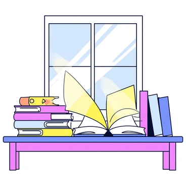 A bright sunbeam streams through a large window, illuminating the room. The light creates soft reflections on a wooden table. The table is filled with various books stacked in piles and some lying open. The spines of the books display a range of colors, adding vibrancy to the scene. Shadows are cast by the books, adding depth to the composition.