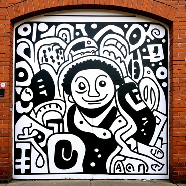 A large "hannya mask" is prominently displayed on a brick wall, surrounded by intricate patterns and shapes. Various abstract designs complement the mask, creating a dynamic composition. The mural is detailed with decorative elements, adding depth and interest to the scene. The overall atmosphere evokes a sense of urban art culture, with a textured wall surface visible behind the artwork.