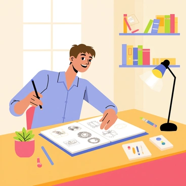 A man sitting at a wooden desk in a cozy room, focused on creating daily sketches in an open journal. The man has short brown hair and is wearing a light blue shirt. A pencil is in his right hand as he draws. The journal is filled with various sketches, some visible on the pages. A warm light from a nearby lamp illuminates the scene, and there are art supplies like colored pencils and erasers scattered on the desk. A small houseplant sits on the corner of the desk, adding a touch of green to the space. In the background, there is a shelf filled with books and framed artwork hanging on the walls.