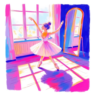A ballet dancer with a delicate build is leaping gracefully across a polished wooden floor. She is wearing a light pink tutu and ballet shoes, with her arms raised in an elegant position. Her hair is neatly tied back into a bun. Sunlight streams in through large windows, casting soft shadows on the floor. In the background, there are mirrors that reflect her movement, adding depth to the scene.