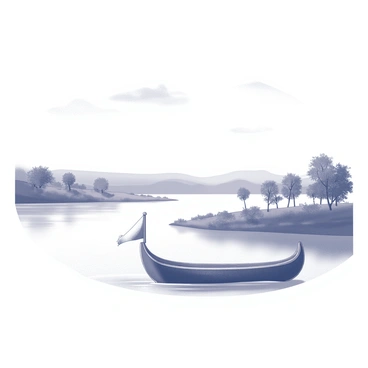 A traditional boat gliding smoothly on the surface of the Euphrates River. The boat features a curved hull with a single mast, adorned with a colorful sail that catches the gentle breeze. The riverbank is lined with lush vegetation and scattered trees, providing a natural frame for the scene. Above, a clear sky stretches endlessly, with a few wispy clouds drifting lazily. The water reflects the surrounding landscape, creating a serene atmosphere.