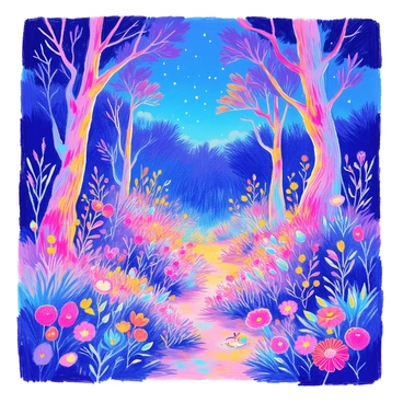 A magical bioluminescent forest is filled with plants and creatures that emit a soft, glowing light. The trees have thick trunks and wide branches, adorned with vibrant, luminescent leaves. Various types of glowing flowers bloom along the forest floor, casting a gentle radiance. Small creatures, like fairies and glowworms, flit among the foliage, their bodies shimmering in shades of blue and green. The night sky is visible through the canopy, twinkling with stars above the enchanting scene.