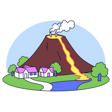 A small village consists of several simple houses with thatched roofs, nestled at the base of an active volcano. The volcano has a prominent peak with visible smoke billowing out from the summit. Flowing down the side of the volcano are bright orange lava streams, illuminating the surrounding area. The village is surrounded by lush greenery and a clear blue sky above, contrasting with the fiery elements of the volcano.