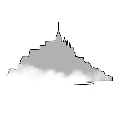 A view of "Mont Saint Michel," featuring its iconic abbey rising prominently above the landscape. The structure is surrounded by a dense layer of "mystical early morning fog," obscuring the lower parts of the island. The scene captures the outlines of the abbey's spires and walls as they emerge from the fog, creating a sense of mystery. Soft, diffused light filters through the fog, illuminating parts of the architecture and casting gentle shadows. The foreground includes hints of the coastline and water, partially veiled by the fog, enhancing the ethereal atmosphere of the setting.
