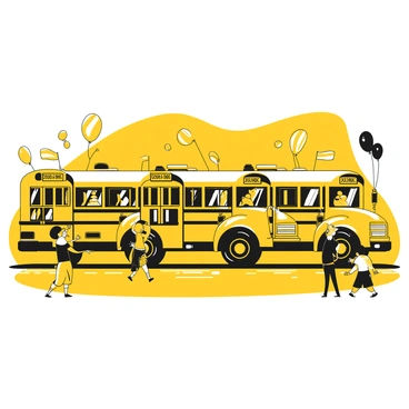 A lineup of school buses with bright decorations, each adorned with varying sizes of "yellow" and "black" flags and "yellow" balloons tied to their mirrors. The buses are parked side by side, creating a vibrant scene. Children are gathered around, some waving small flags, while others are enjoying treats from vendors nearby. The atmosphere is lively, with people cheering and celebrating as the parade moves along the street.