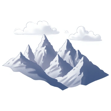 A range of tall mountains with sharply defined, snow-capped peaks. The mountains are rugged and steep, creating a dramatic silhouette against the sky. Wispy clouds swirl around the peaks, adding a sense of motion and depth to the scene. The landscape conveys a feeling of grandeur and majesty, emphasizing the height and imposing nature of the mountains.