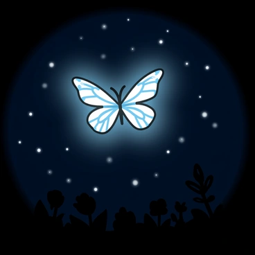A glowing butterfly with luminescent wings is hovering in the dark night. The wings are detailed, showcasing intricate patterns that emit a soft light, radiating a gentle glow around it. The butterfly is silhouetted against the night sky, which is filled with scattered stars. The scene captures the delicate beauty of the butterfly as it flits gracefully through the air, casting a shimmering light on the surrounding foliage.