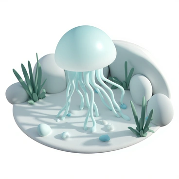 A translucent jellyfish with a bell-shaped body, featuring delicate, flowing tentacles that hang gracefully beneath it. The jellyfish is floating gently in a clear rock pool, surrounded by smooth stones and patches of green seaweed. Sunlight filters through the water, casting shimmering light patterns on the sandy bottom and highlighting the jellyfish's translucent colors, creating a serene aquatic scene.