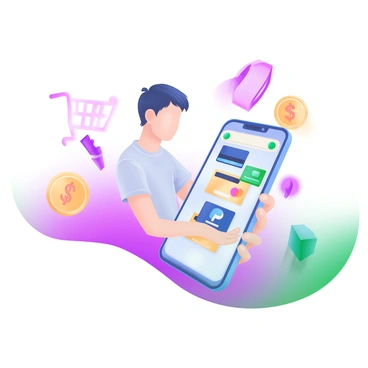 A modern pastel illustration featuring a person holding a smartphone with a visible payment gateway interface displayed on the screen. The interface shows various payment options such as credit cards and a PayPal logo. The person has short hair and is wearing a casual t-shirt. Surrounding them are floating icons representing various currencies and shopping elements, like a shopping cart and a dollar sign. The background is softly colored to enhance the modern aesthetic.