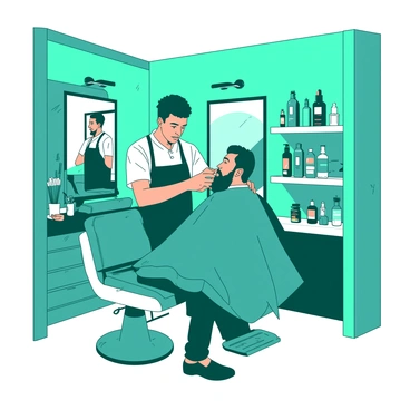 A teal modern men's grooming salon is filled with sleek, contemporary furniture and sharp decor. In the center, a barber with a focused expression is trimming a client's beard with precision. The barber is wearing a black apron, and the client is sitting in a stylish white barber chair, looking relaxed. There are mirrors reflecting the scene, and a variety of grooming products are neatly arranged on a white shelf in the background. The atmosphere is vibrant yet professional, with warm lighting highlighting the details of the salon.