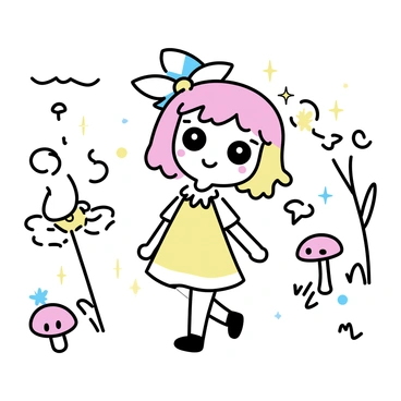 A kawaii anime girl with large, expressive eyes and colorful hair is walking through a magical forest. She wears a cute, frilly dress and has a playful expression. Around her, there are glowing mushrooms in various sizes, emitting soft light. Small fairies with shimmering wings flutter around her, leaving sparkling trails as they dance. The trees in the background have whimsical shapes, and the overall scene conveys an enchanting atmosphere.