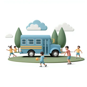 A blue school bus, with bright yellow accents and large windows, is parked on a grassy area in a sunny park. The bus is facing forward, and its doors are open. Surrounding the bus, several children are engaged in playful activities. One child, wearing a red shirt and blue shorts, is playing catch with a yellow ball. Another group of children, dressed in colorful t-shirts, are running around and laughing. In the background, there are tall green trees and a clear blue sky with fluffy white clouds. The scene captures the joyful atmosphere of a sunny day filled with play and excitement.