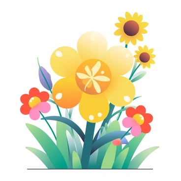 A flower-shaped trophy is prominently displayed in the center of a vibrant garden. The trophy is made of polished gold and features intricate petal designs that catch the sunlight. Surrounding the trophy are a variety of blooming flowers in shades of red, yellow, and purple, adding to the colorful backdrop. Lush green leaves and grass fill the ground, creating a natural base for the trophy. In the background, there are tall sunflowers swaying gently in the breeze, contributing to the lively atmosphere of the garden.