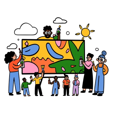 A diverse group of artists working together on a large mural in an outdoor public space. The artists include a light-skinned woman with big eyes and long curly hair, a dark-skinned man with big eyes and a short beard, and an Asian woman with big eyes and dyed blue hair. Each artist is holding different painting tools, such as paintbrushes and spray cans. The mural features vibrant colors and various designs, showcasing their unique artistic styles. People are gathered around, observing and enjoying the collaborative effort. The sun is shining brightly, illuminating the scene.