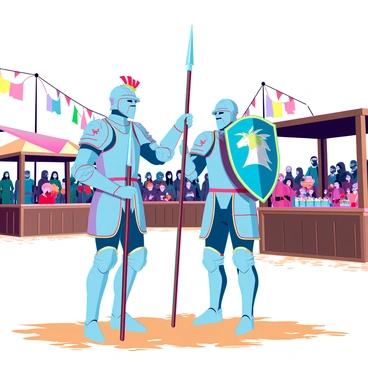 Two knights in shining jousting armor are preparing for a tournament at a medieval fairground. The first knight, with a crest depicting a roaring lion, is adjusting his visor while standing next to a richly decorated lance. The second knight, adorned with a blue and gold shield featuring a majestic unicorn, is polishing his armor with focused determination. In the background, colorful banners flutter in the wind, and a crowd of enthusiastic spectators gathers to watch the event. Nearby, a wooden grandstand is set up, filled with excited onlookers, while various market stalls display medieval crafts and food. The ground is covered in straw, creating an authentic atmosphere of a lively fairground.