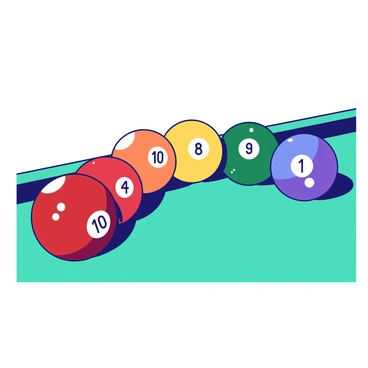 A teal table is covered with a striking arrangement of billiard balls, each displaying a unique color that forms a vibrant rainbow. The balls are positioned in a smooth arc, transitioning from red to orange, yellow, green, blue, and finally purple. The shiny surfaces of the balls reflect soft light, enhancing their colors. Each billiard ball is numbered and has a glossy finish that accentuates the vibrancy of the arrangement. The overall composition captures the playful essence of the billiard balls while beautifully showcasing the spectrum of colors.