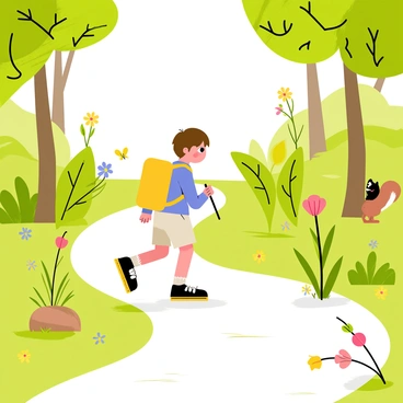 A young child wearing a bright yellow backpack is walking along a winding path through a lush, green forest. The child has short brown hair and is wearing a light blue shirt and khaki shorts. Around the child, there are various interesting plants with vibrant flowers and large green leaves. A small, colorful butterfly flutters nearby, while a curious squirrel peeks out from behind a tree. The ground is covered with scattered twigs and colorful fallen leaves, adding to the exploration atmosphere. The sun filters through the tall trees, casting playful shadows on the path.
