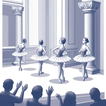 A ballet troupe performing on stage in a classic theater. The dancers are elegantly dressed in tutus and pointe shoes, displaying intricate poses. The audience can be seen in the foreground, with hands clapping in appreciation. The theater features ornate architecture, with grand columns and detailed moldings surrounding the stage. Soft spotlighting emphasizes the dancers as they take their final bow. The atmosphere is filled with a sense of achievement and admiration from the viewers.