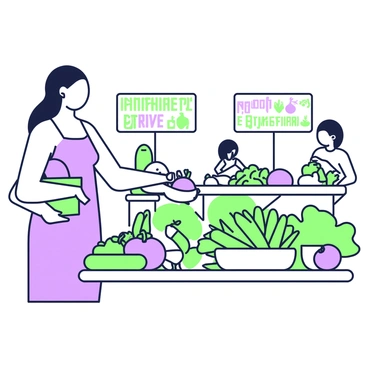 A woman is standing at a farmer's market stall, examining fresh vegetables. She has long hair tied back and is wearing a light blue sundress. The stall is filled with a variety of vegetables including green cucumbers, purple eggplants, and fresh leafy greens. The woman is holding a green basket in her left hand, while her right hand reaches out to touch a purple beet. Behind her, there are additional stalls with colorful signs displaying their produce. The market is busy, with other shoppers visible in the background.