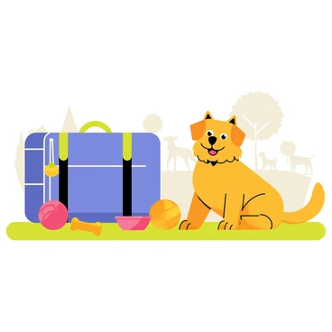 A pet travel bag with a zipper in bright blue color sits on the green grass. Next to the bag, there are colorful dog toys, including a red rubber ball and a yellow squeaky bone. Two travel bowls, one pink and one orange, are placed nearby, ready for use. A happy dog with a wagging tail, covered in fluffy golden fur, is sitting next to the bag. The dog has perked ears and a big, cheerful smile as it looks up at its owner. In the background, there are trees and other dogs playing in the park.