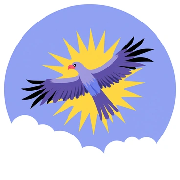 A mythical condor soaring through a clear blue sky. The condor has large, intricate wings with vibrant feathers in shades of deep blue and purple. Surrounding the condor is a shimmering, golden aura that radiates outward, creating a striking contrast against the sky. Below the condor, there are fluffy white clouds scattered across the horizon, adding depth to the scene. The condor's sharp eyes are focused ahead, conveying a sense of majesty and power.