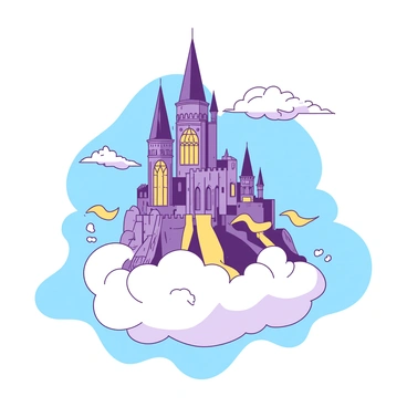 A grand enchanted castle floating on a fluffy cloud in the sky