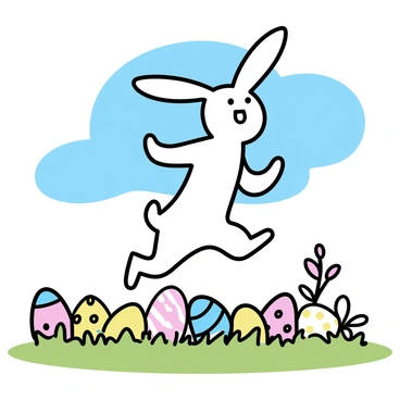 A white bunny with long ears is joyfully jumping over a colorful line of Easter eggs in a green meadow. The Easter eggs are decorated with various patterns in bright colors, including stripes, polka dots, and floral designs. In the background, there are a few flowers blooming, adding to the vibrant atmosphere of the scene. The sky above is clear and blue, creating a cheerful ambiance.