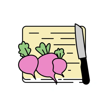 A collection of three beetroots with a deep red color, positioned next to a stainless steel knife resting on a light wooden cutting board. The beetroots are whole, showcasing their smooth surfaces and leafy tops. The cutting board has a natural grain pattern, providing an earthy tone to the composition.