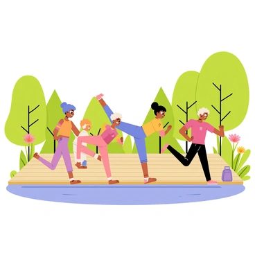 A nature retreat scene with a wooden deck situated by a calm lake. The deck is surrounded by lush green trees and colorful wildflowers. A group of individuals, dressed in athletic clothing, are performing flutter kicks in unison. The individuals display varied hair colors and styles, and they are focused on their exercise. The surface of the lake reflects the clear blue sky above, enhancing the peaceful atmosphere of the setting. 