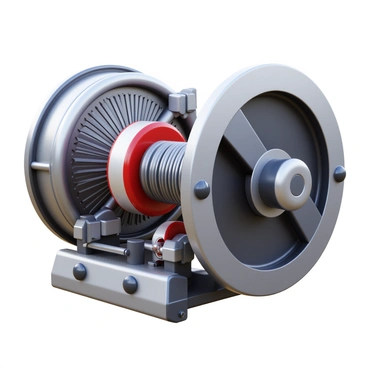 An old-fashioned AC generator with a metallic housing. The generator features large, visible spinning coils, expertly wound and positioned within the device. Magnets are strategically placed around the coils, creating a dynamic interaction. The generator has a vintage design with exposed components and intricate details, showcasing the mechanical parts in motion. There is an emphasis on the textures of the metal and the gleam of the surfaces reflecting light.