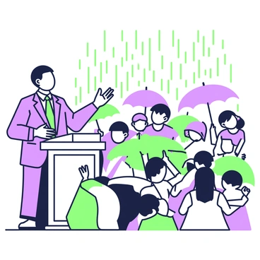 A preacher delivering a sermon to a soaked but steadfast crowd huddled under umbrellas