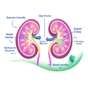 An illustration of two human kidneys placed side by side, with detailed annotations highlighting the anatomy. Each kidney is depicted with a smooth surface and a rich brown color. The renal cortex and medulla are visibly differentiated, showing the internal structure. Nephrons are intricately illustrated, with each nephron depicted as a tubular structure, displaying the glomerulus and renal tubules. The filtration process is visually represented with arrows indicating the flow of blood and the filtration of waste. Surrounding the kidneys are labels that clearly identify the various parts, including the renal artery and vein.