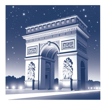 The Arc de Triomphe stands majestically in the center of the image, its intricate details prominently displayed. The monument is illuminated with bright, glowing lights that enhance its architectural features. Surrounding the Arc, a night sky is filled with numerous stars, creating a striking contrast. The foreground includes a well-lit pathway leading up to the Arc, inviting viewers to approach the iconic structure. The scene captures the grandeur of the Arc de Triomphe against the enchanting backdrop of the night sky.